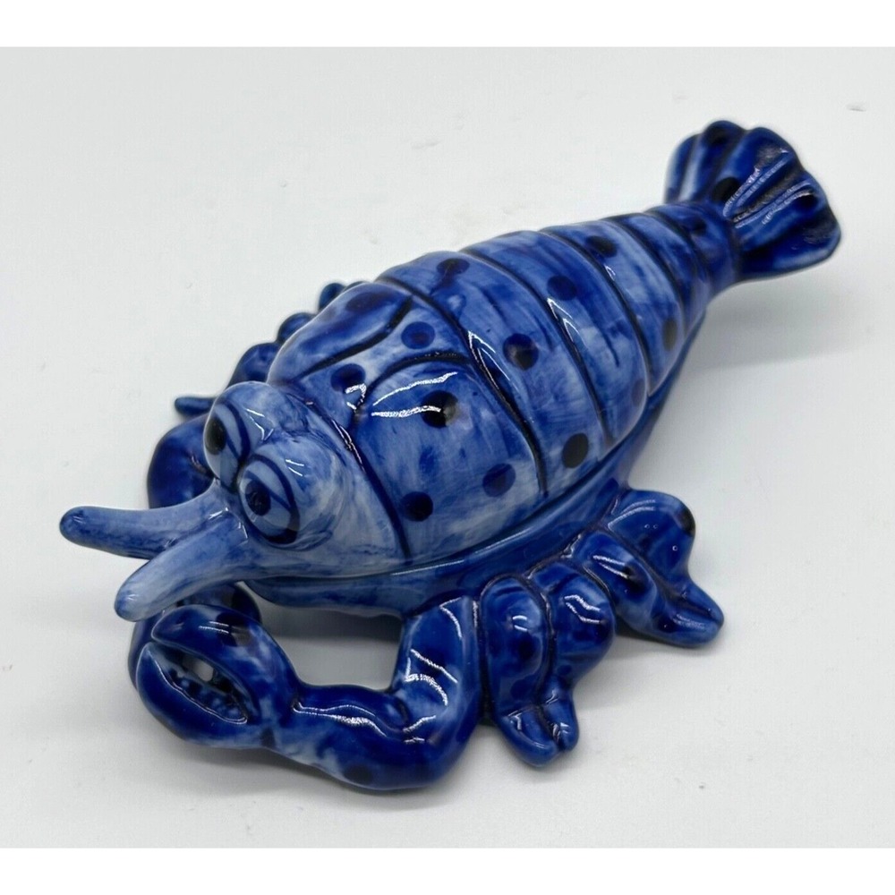 Vintage Blue Lobster Porcelain Hinged Trinket Jewelry‎ Box